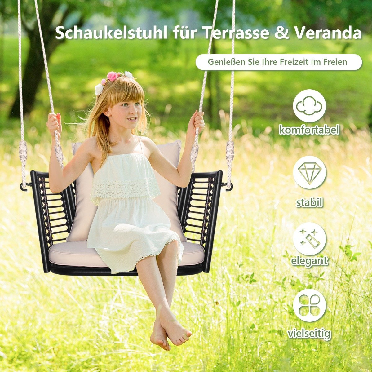 Hanging chair with a load capacity of up to 180kg, hanging seat with cushions & metal frame & hanging ropes 77 x 62 x 38 cm