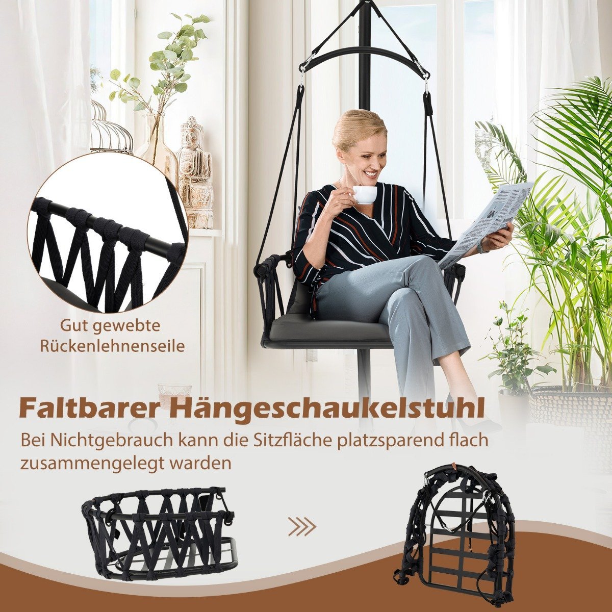 Hanging chair with frame Foldable hanging chair with comfortable seat and back cushions