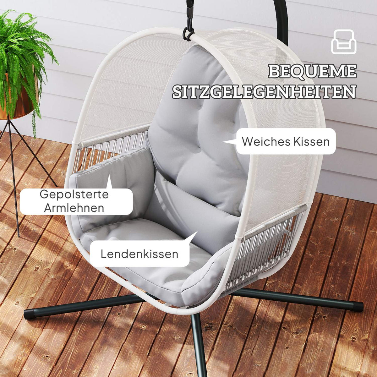 Hanging chair with frame, egg-shaped hanging swing with soft, deep cushion, seat cushions, hammock for outdoor use, swing chair outdoor, patio, garden, light gray |