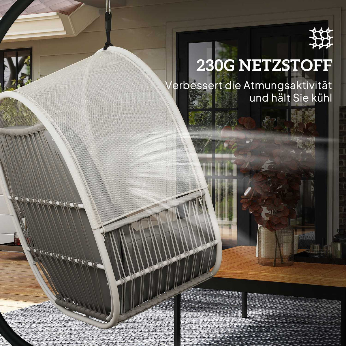 Hanging chair with frame, egg-shaped hanging swing with soft, deep cushion, seat cushions, hammock for outdoor use, swing chair outdoor, patio, garden, light gray |