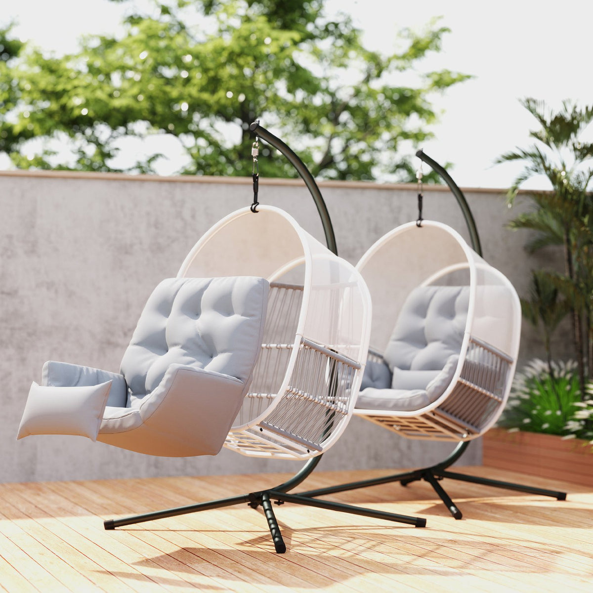 Hanging chair with frame, egg-shaped hanging swing with soft, deep cushion, seat cushions, hammock for outdoor use, swing chair outdoor, patio, garden, light gray |