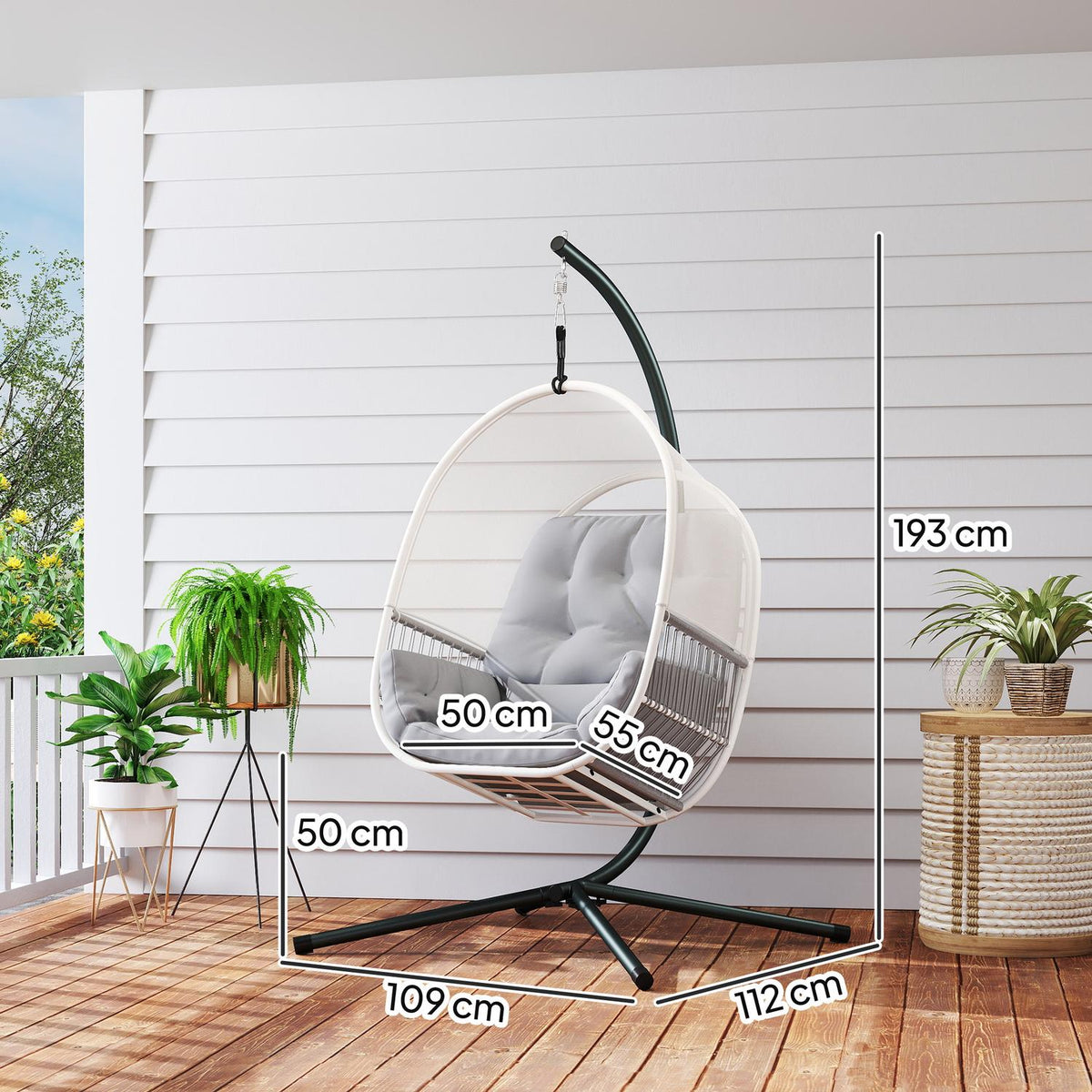 Hanging chair with frame, egg-shaped hanging swing with soft, deep cushion, seat cushions, hammock for outdoor use, swing chair outdoor, patio, garden, light gray |