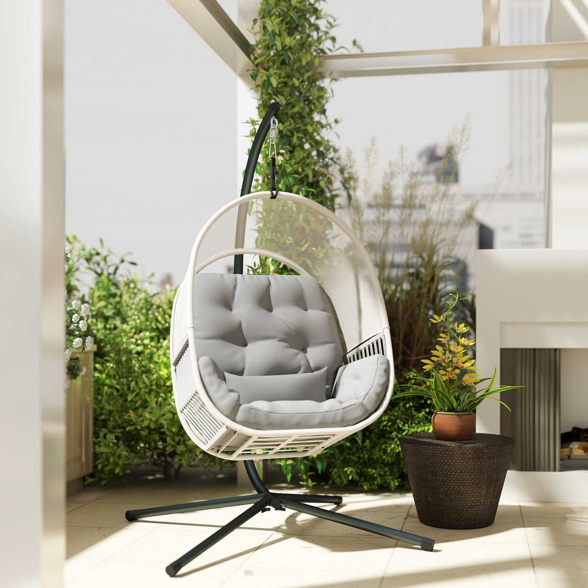 Hanging chair with frame, egg-shaped hanging swing with soft, deep cushion, seat cushions, hammock for outdoor use, swing chair outdoor, patio, garden, light gray |
