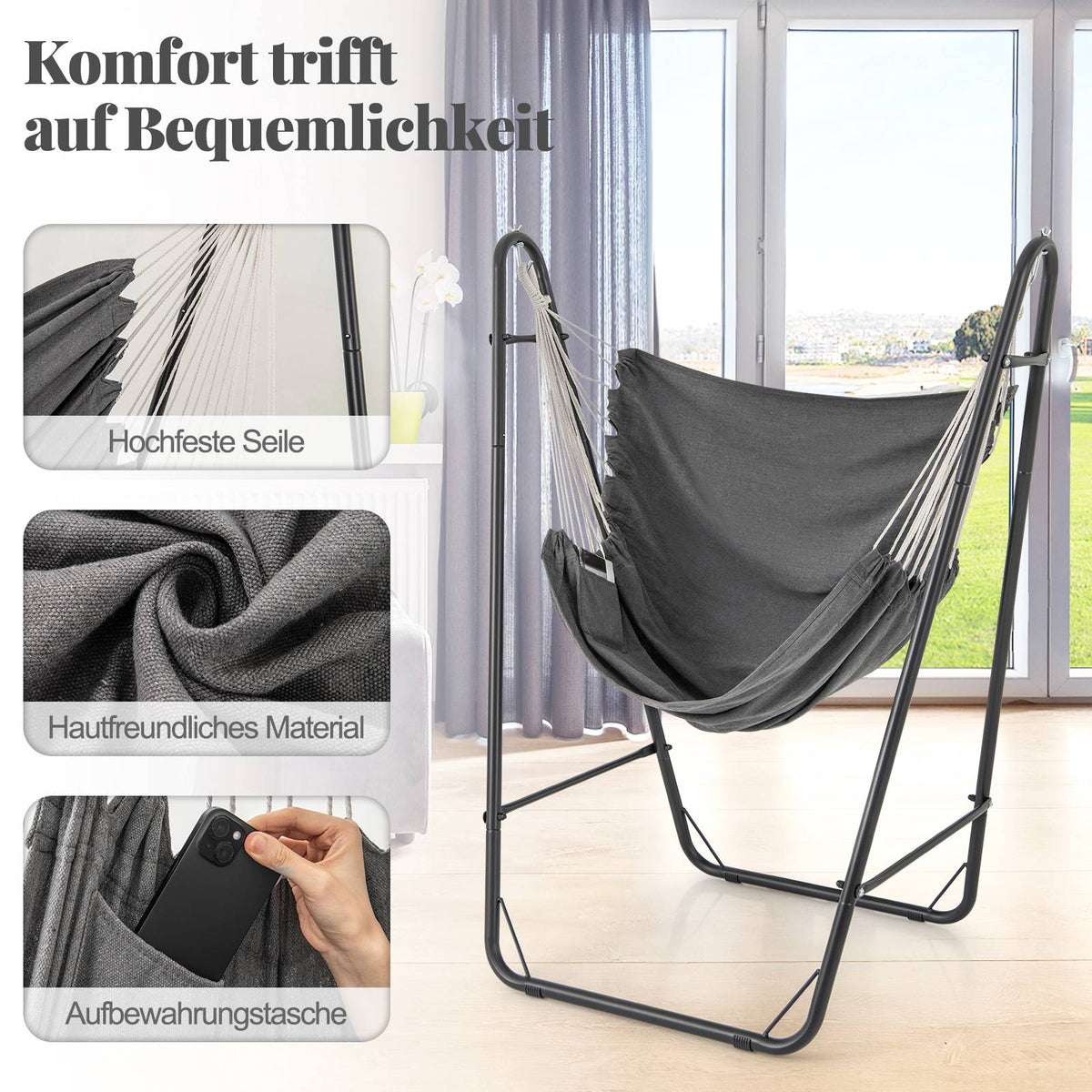 Hanging chair with frame, grey, cotton-polyester, 120 kg load capacity