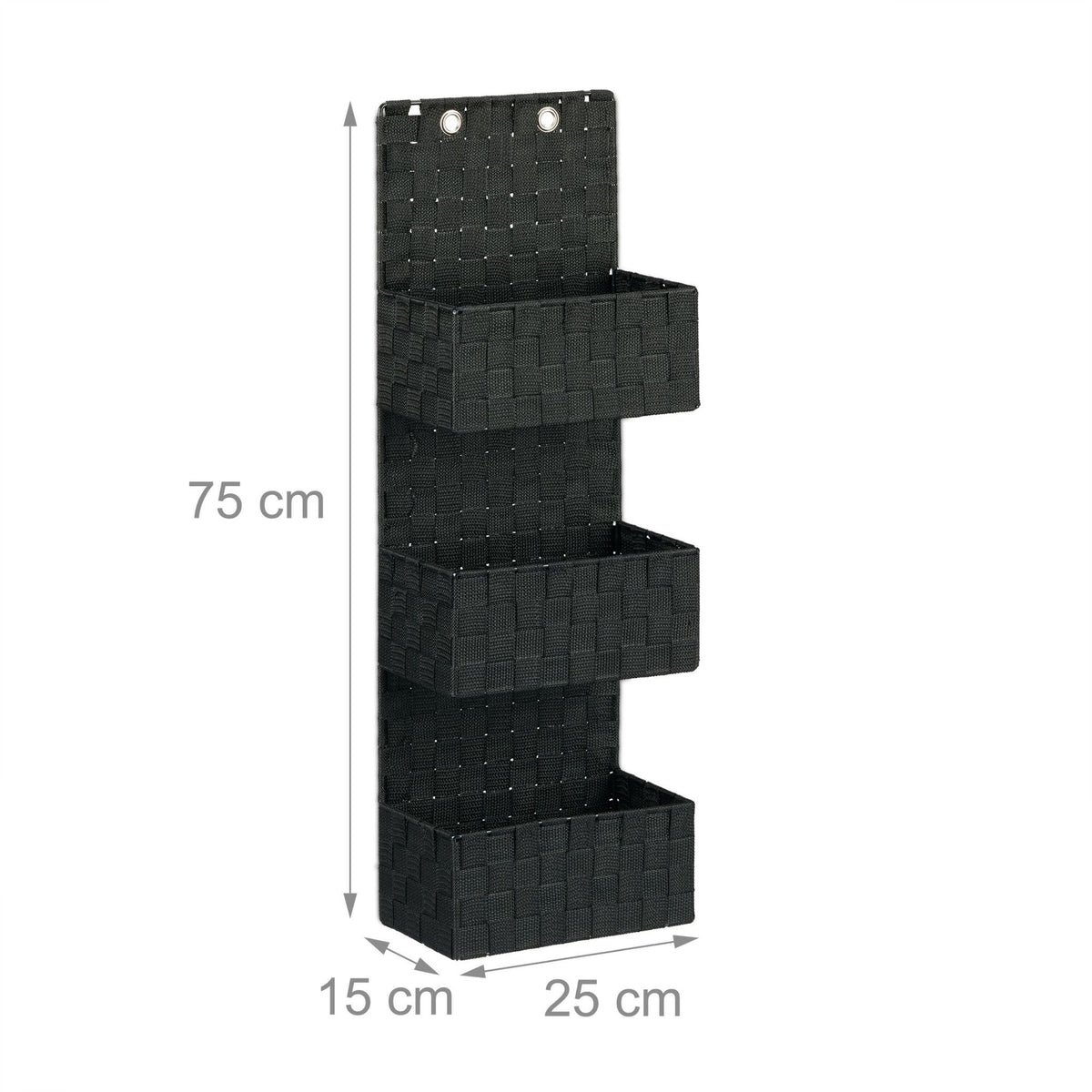 Hanging storage in fabric with 3 baskets