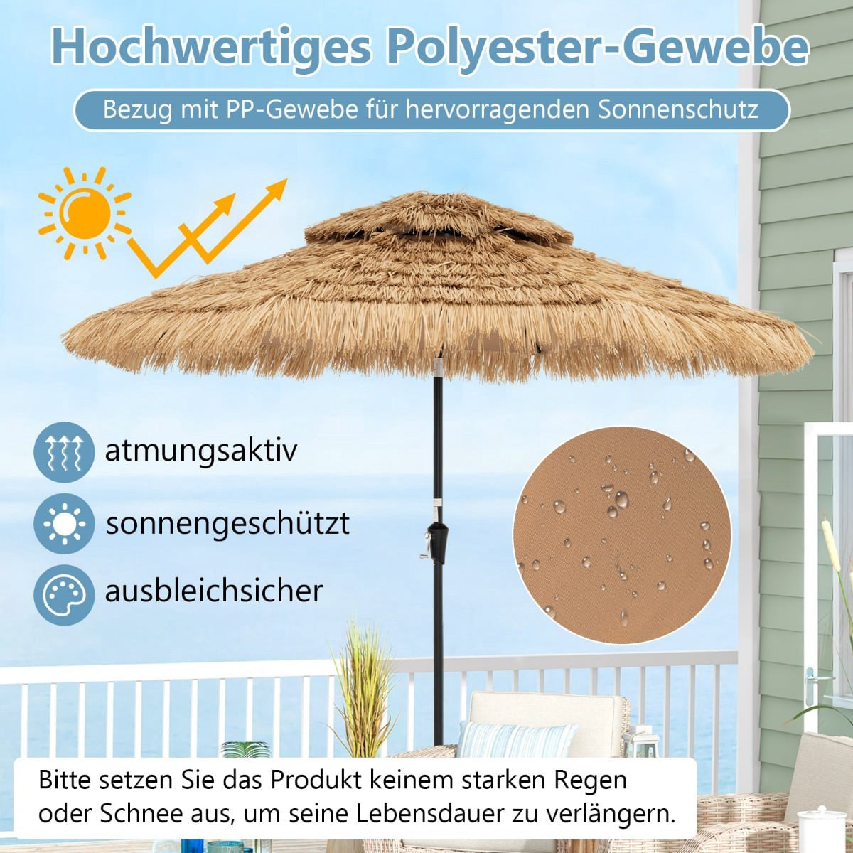 Hawaiian Style Patio Umbrella, 270 cm, Solar LED Lights