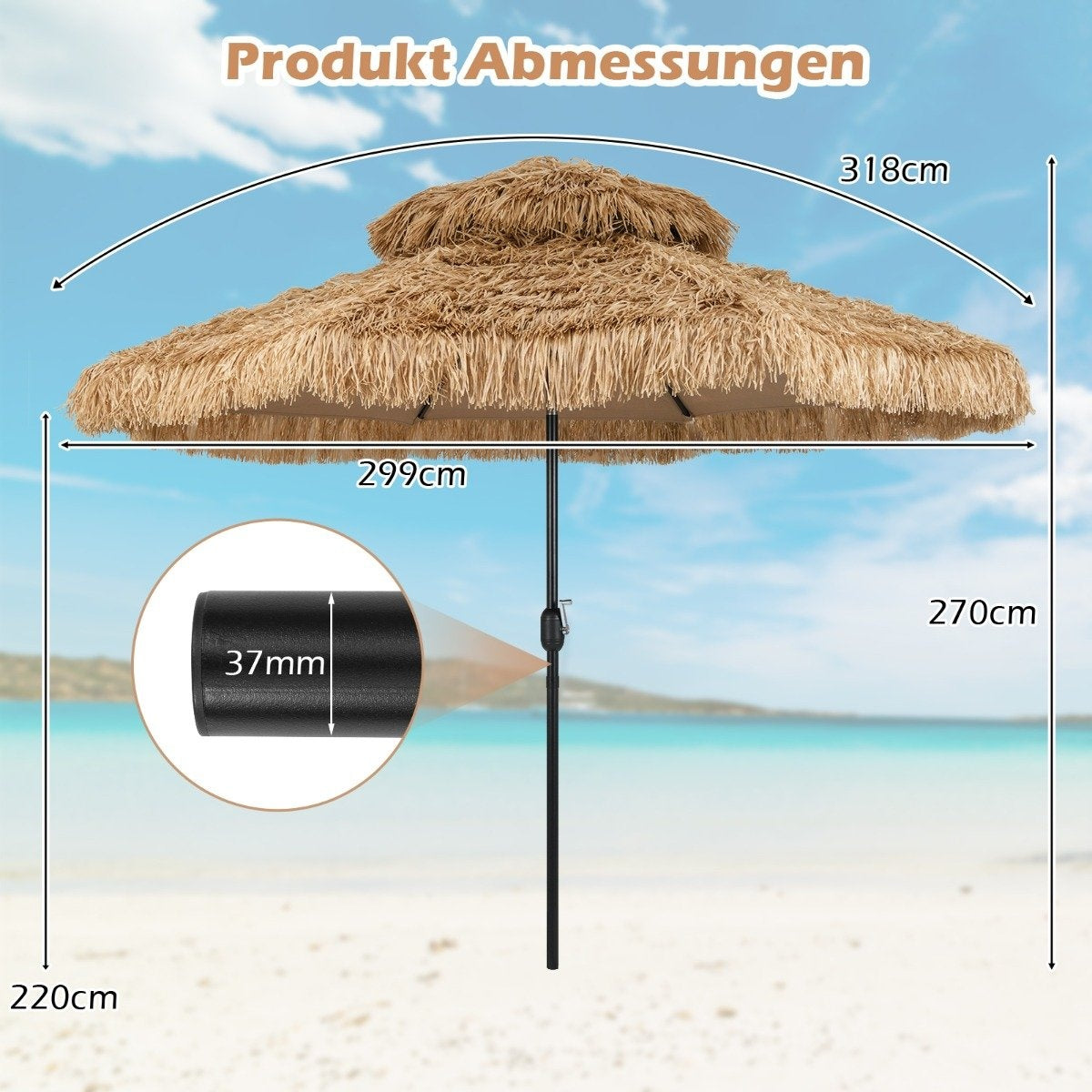 Hawaiian Tiki Umbrella, 299cm PE Straw, Adjustable Tilt