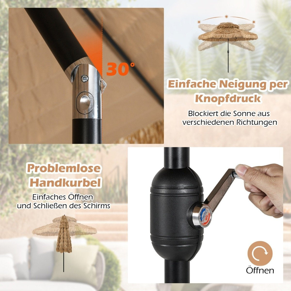 Hawaiian Tiki Umbrella, 299cm PE Straw, Adjustable Tilt