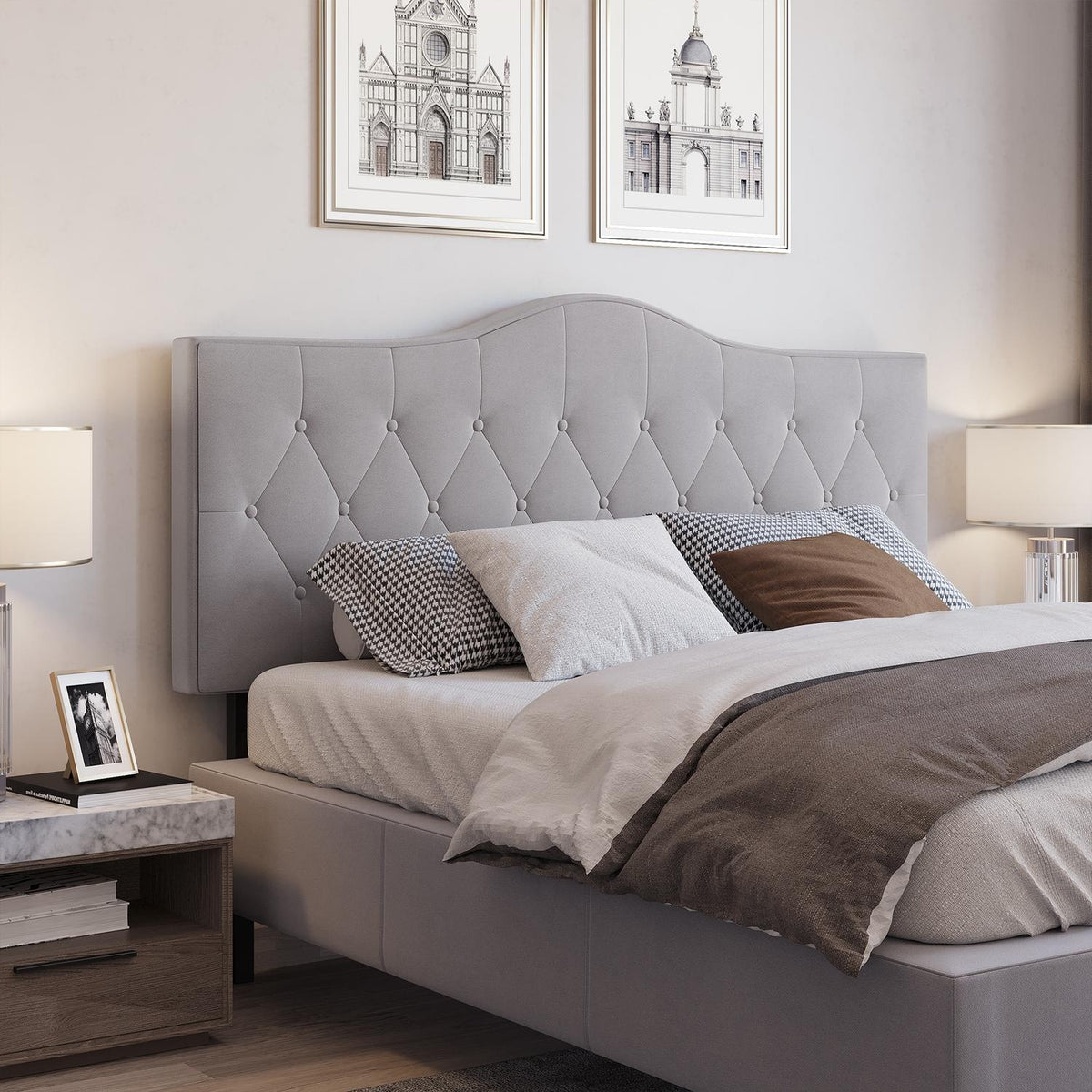 Headboard Stylish Padded Bed Headboard In Gray, Poplar And Polyester, Modern Design, 185X8X134Cm