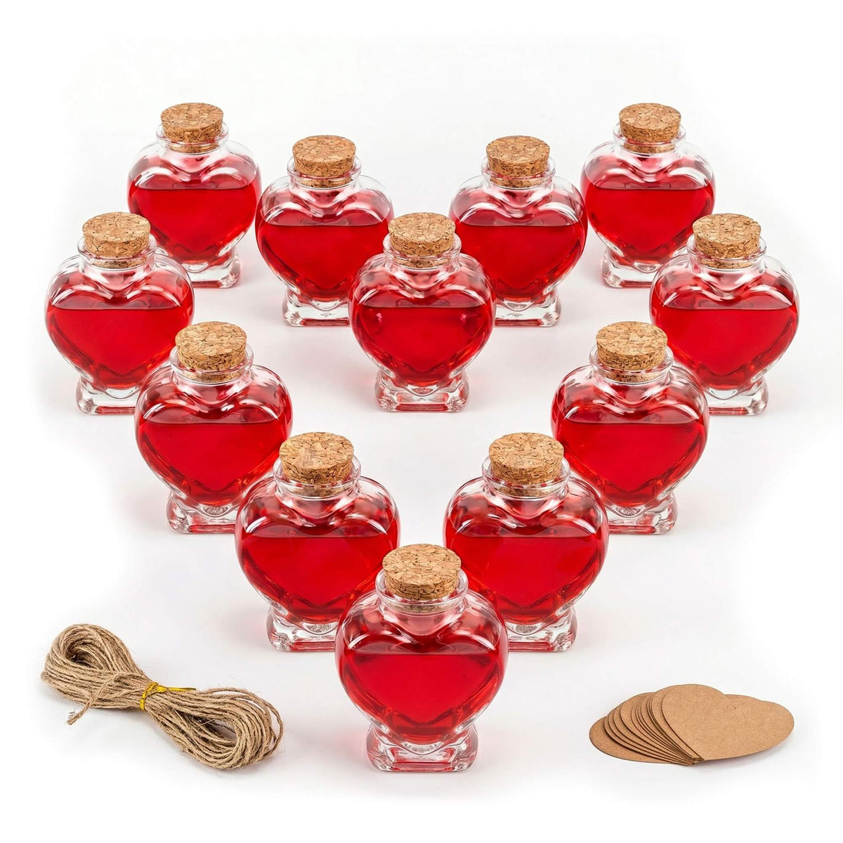 Heart-Shaped Glass Bottles with Corks, Set of 12