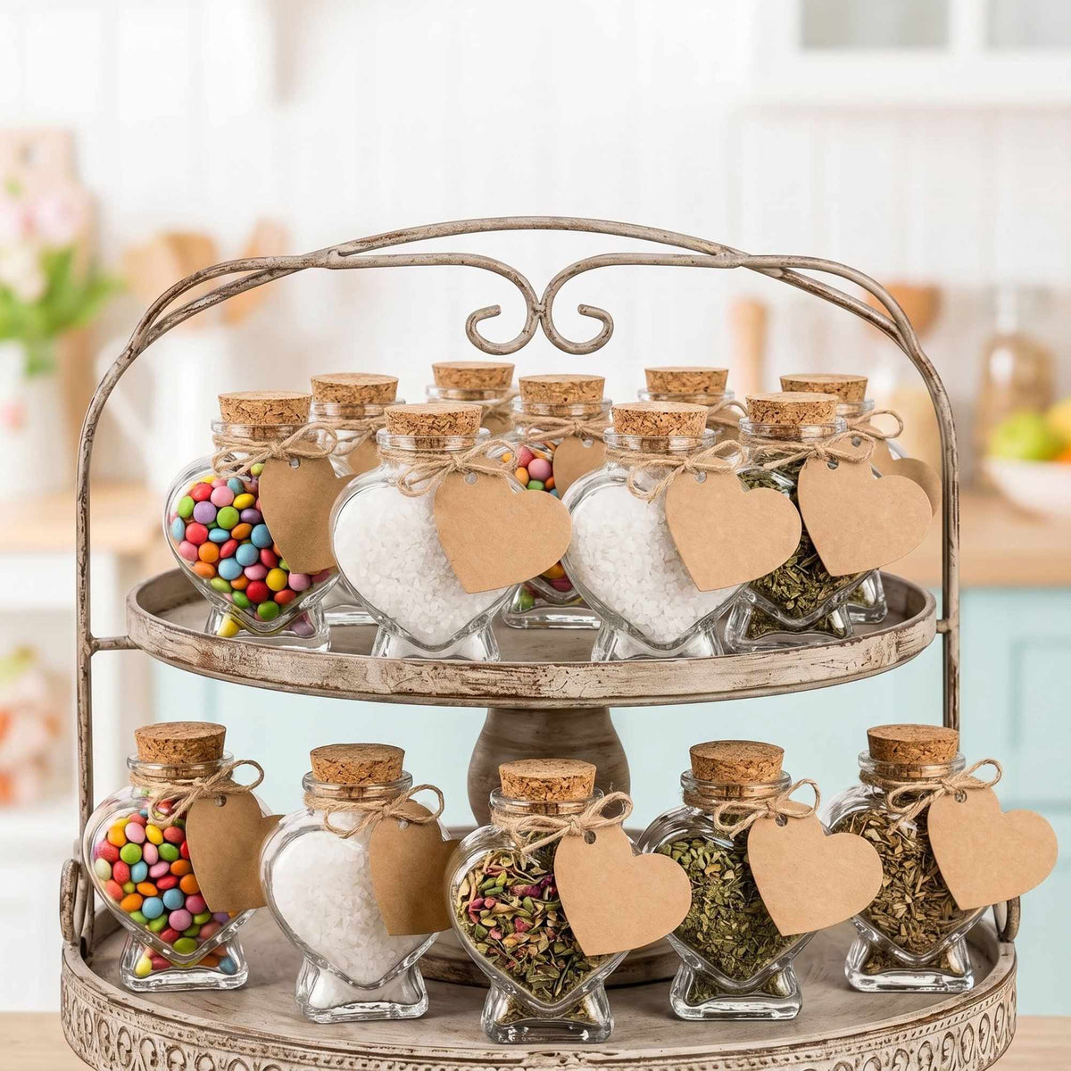 Heart-Shaped Glass Bottles with Corks, Set of 12