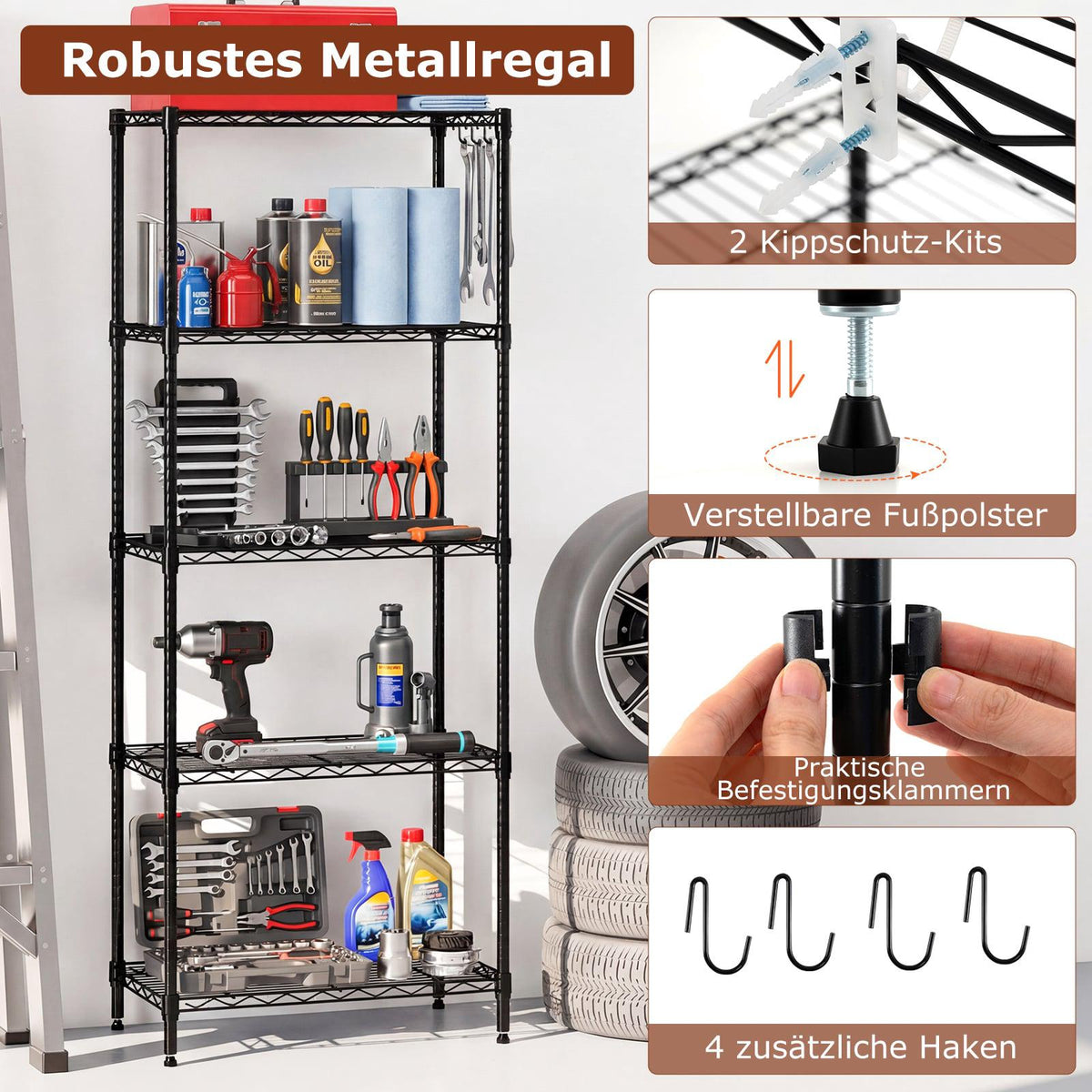 Heavy-Duty Adjustable Metal Storage Shelf, 5-Tier, Black