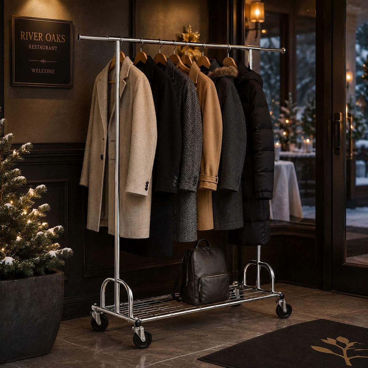 Heavy-Duty Chrome Clothes Rack with Wheels and Shelf