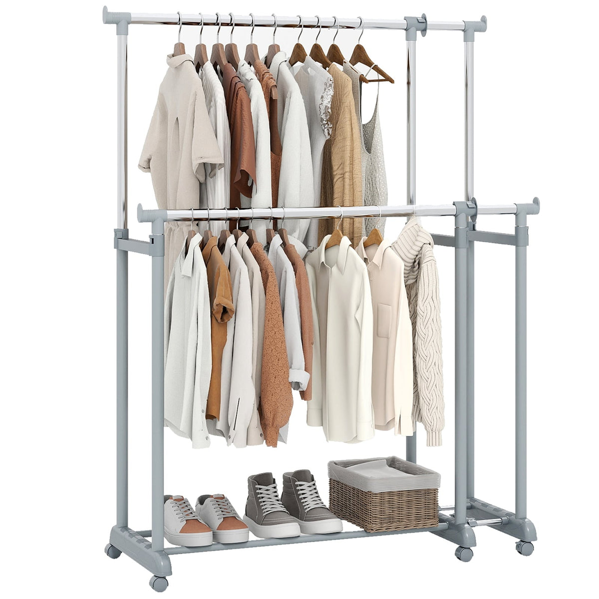 Heavy-Duty Double Rod Clothes Rack, Adjustable Height & Width