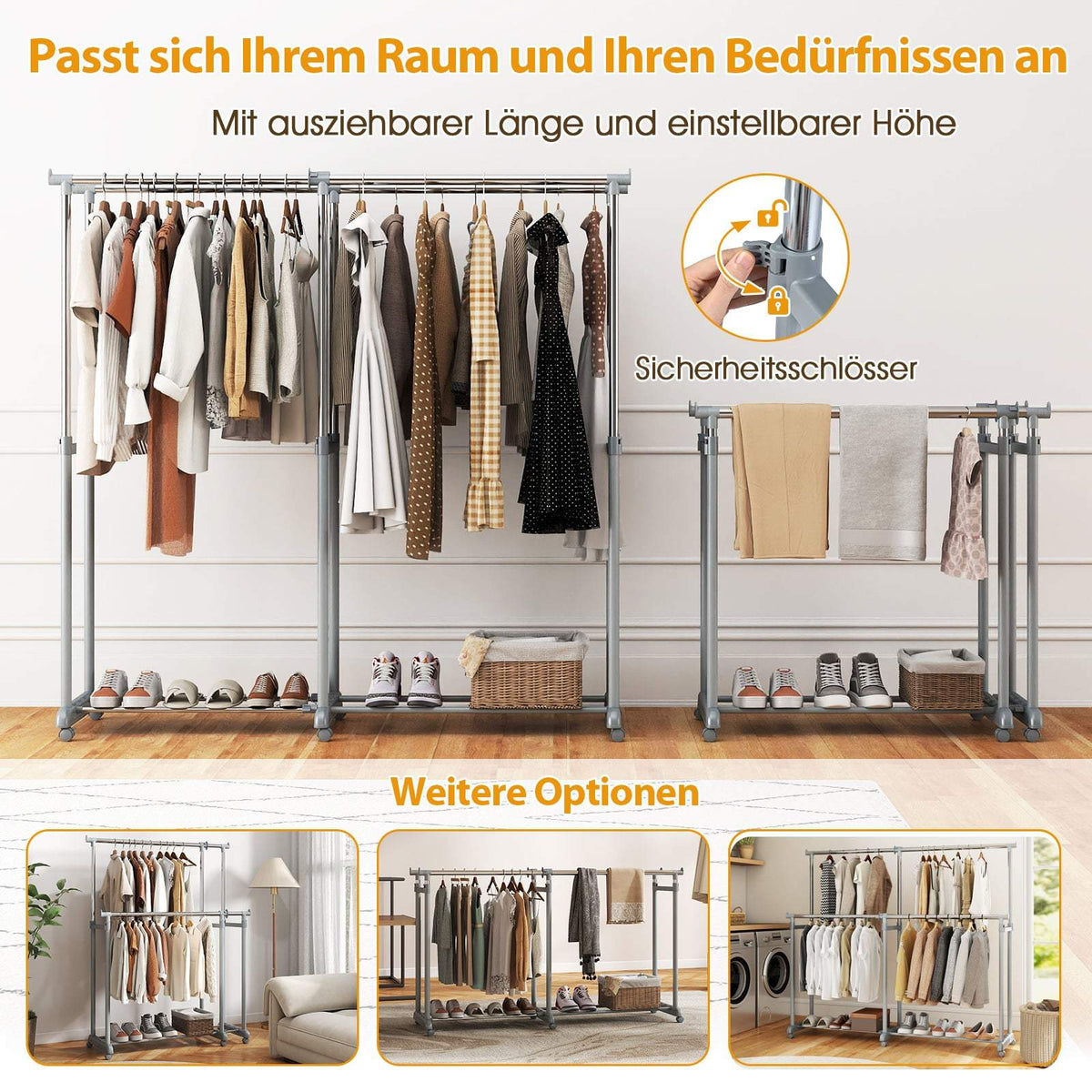Heavy-Duty Double Rod Clothes Rack, Adjustable Height & Width