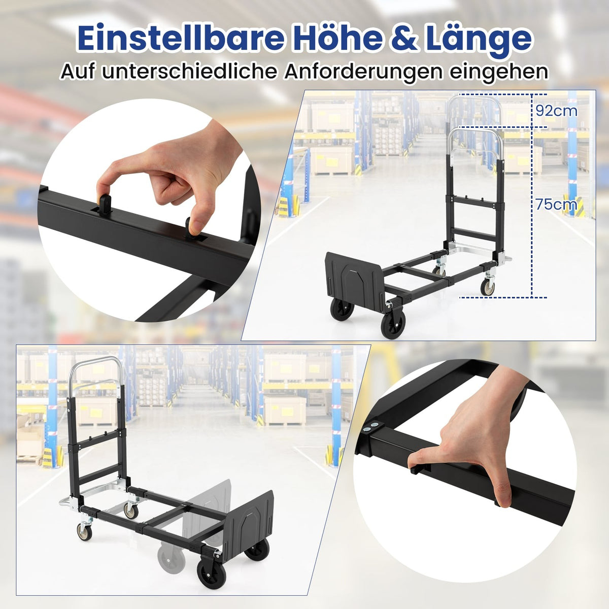 Heavy-Duty Folding Cart, 3-in-1, Adjustable Handle, Black