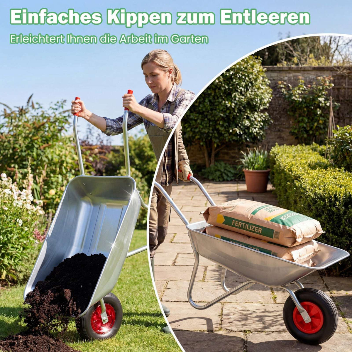 Heavy-Duty Garden Cart, 136kg Capacity, 62.5L Tray