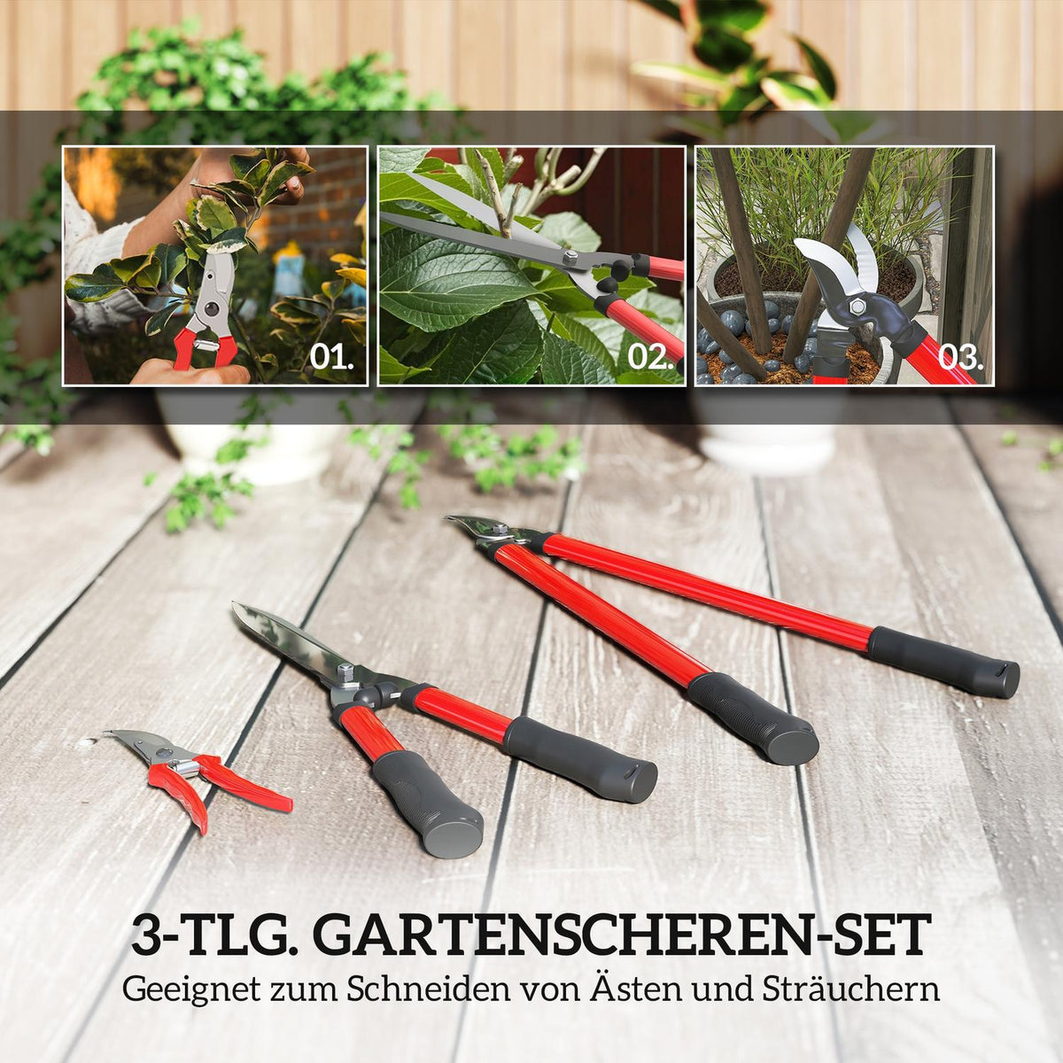 Hedge trimmer set 3-piece garden shears pruning shears with steel blades, handle