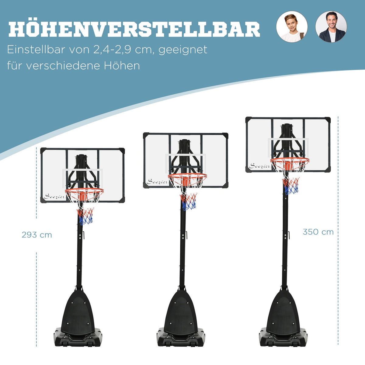 Height-Adjustable Basketball Stand 293-350 Cm Rollable Steel Basketball Backboard Stand