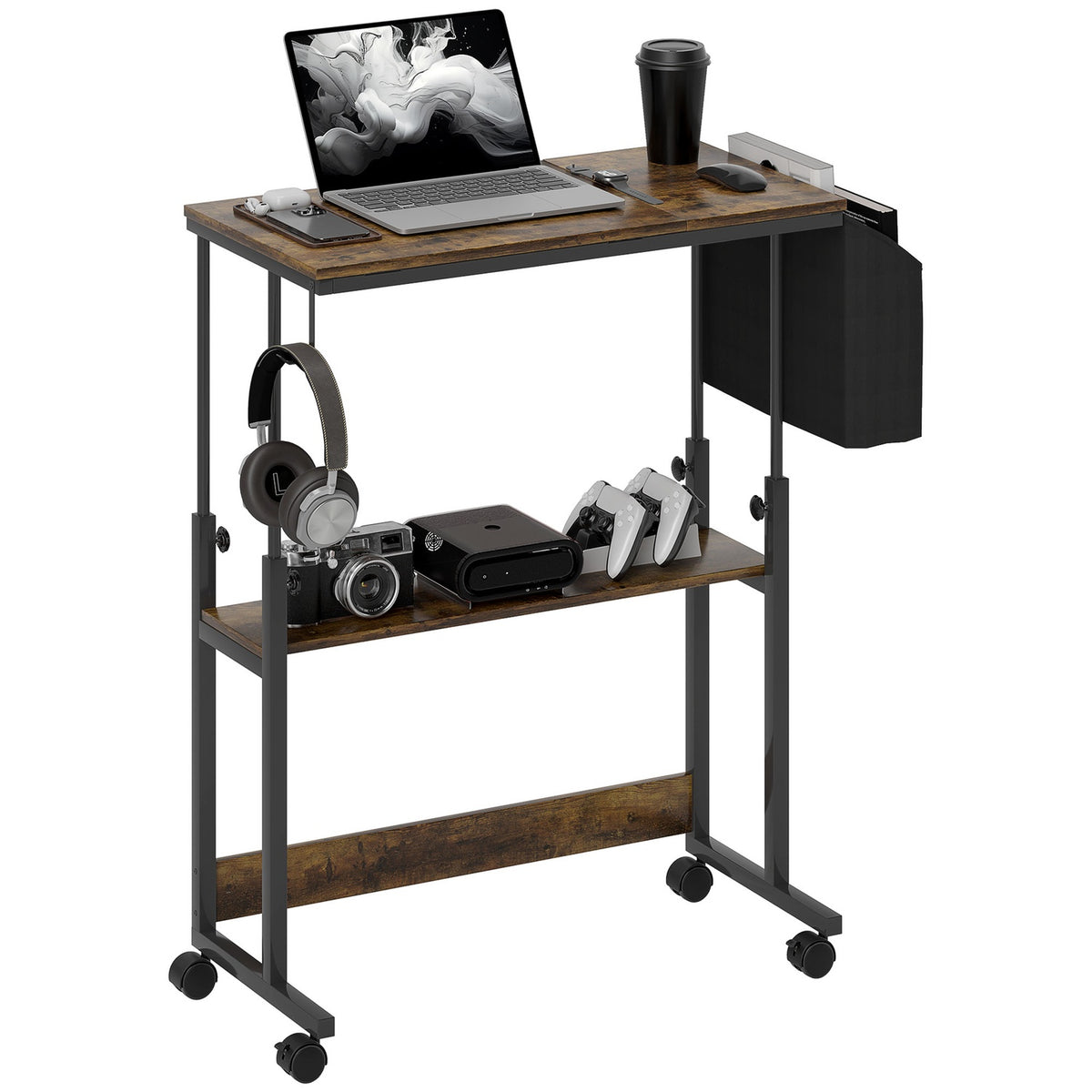 Height Adjustable Desk 92 x 40 cm Computer Desk with Wheels Tilting Platform Storage Bag for Study Office Steel Rustic Brown
