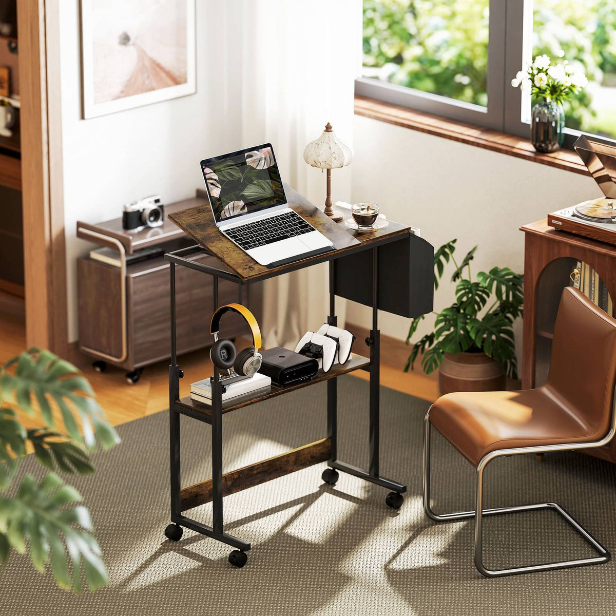 Height Adjustable Desk 92 x 40 cm Computer Desk with Wheels Tilting Platform Storage Bag for Study Office Steel Rustic Brown