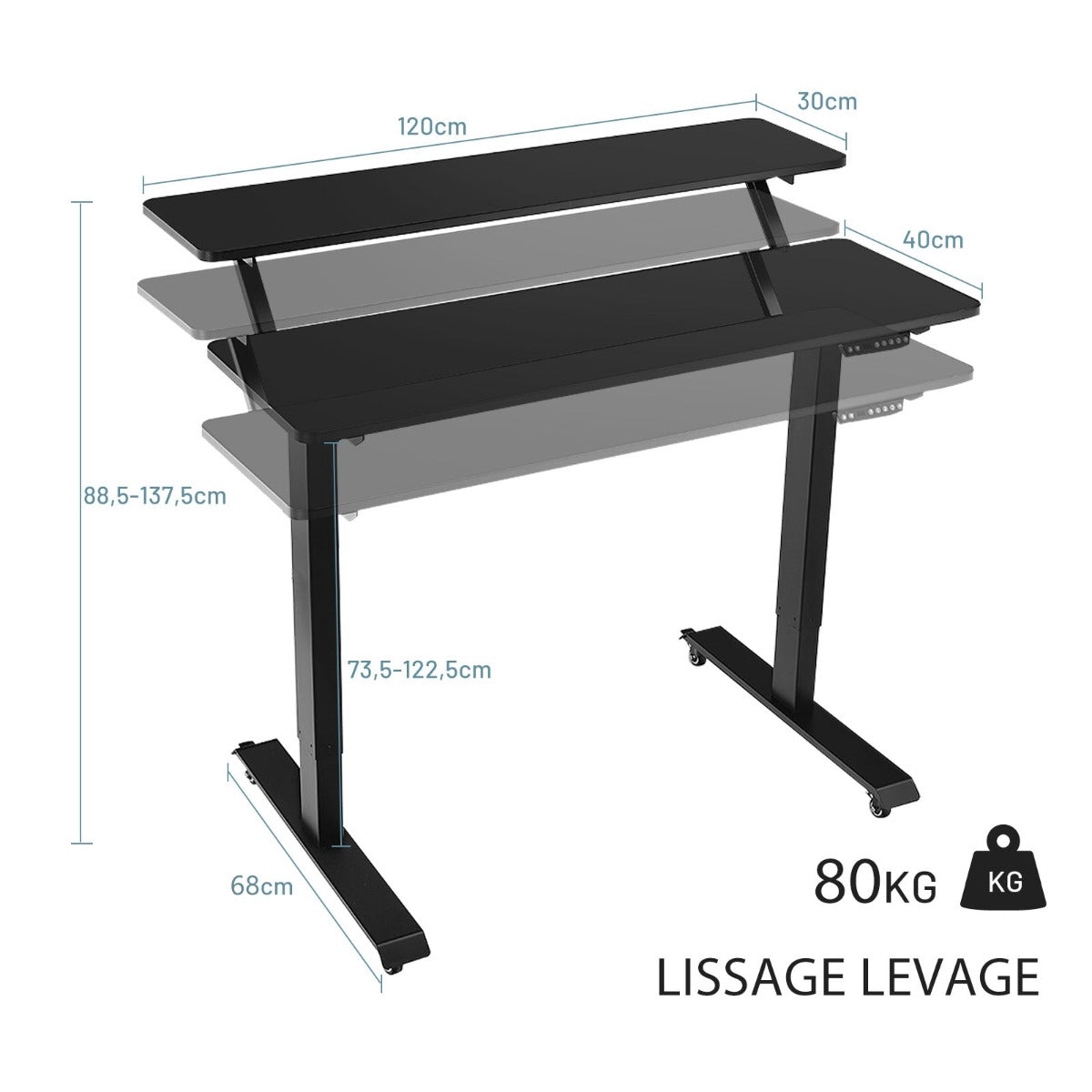 Height Adjustable Desk on Wheels, 120x68 cm, Black