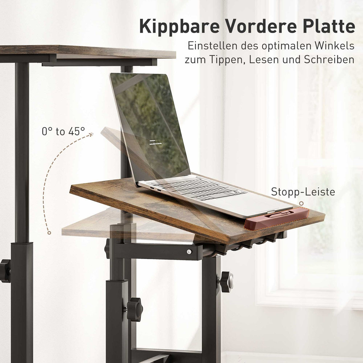 Height-Adjustable Desk with Shelf & Wheels, Rustic Brown