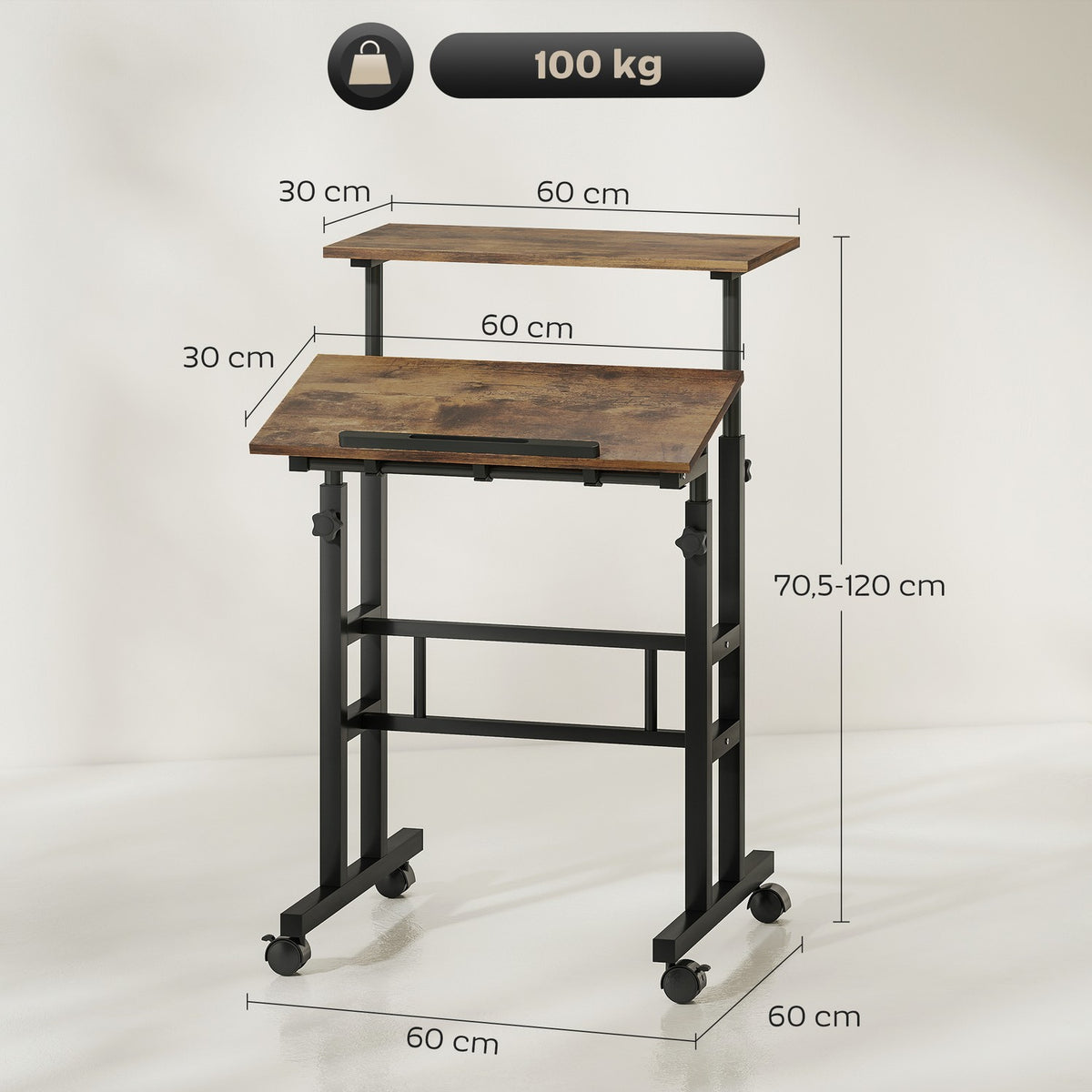 Height-Adjustable Desk with Shelf & Wheels, Rustic Brown