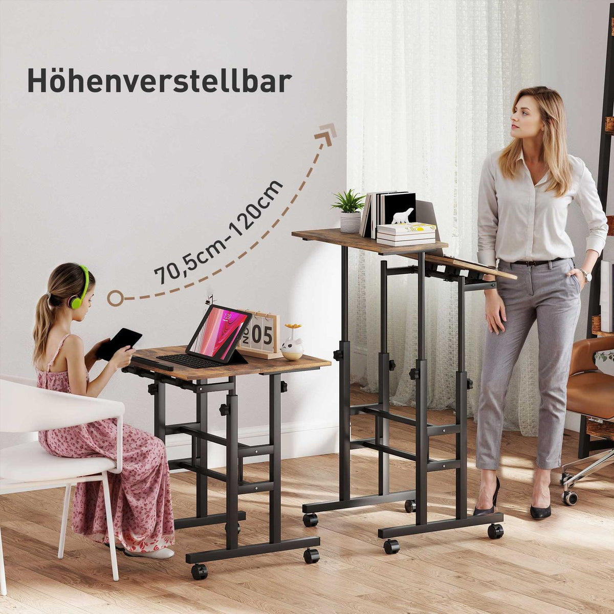 Height-Adjustable Desk with Shelf & Wheels, Rustic Brown