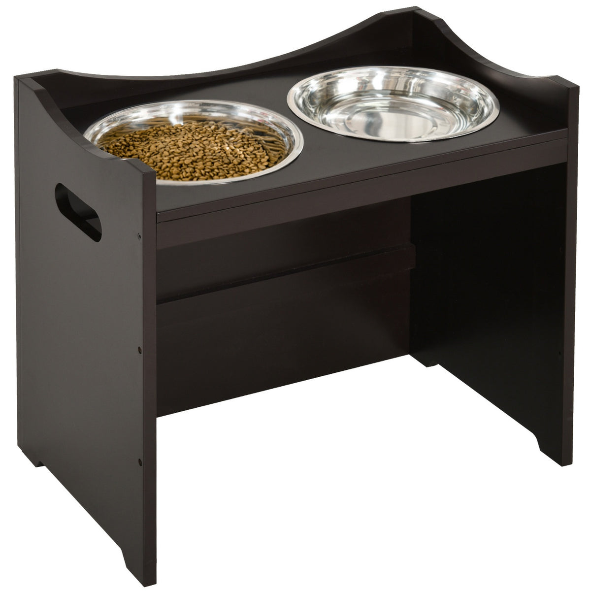 Height-Adjustable Dog Bowl, Feeding Station With Stainless Steel Bowl, For Dogs And Cats, Mdf, Dark Brown, 54X31.5X47Cm