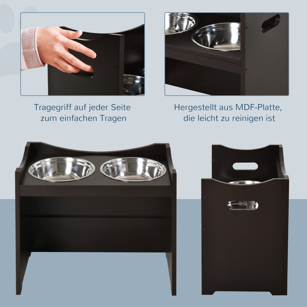 Height-Adjustable Dog Bowl, Feeding Station With Stainless Steel Bowl, For Dogs And Cats, Mdf, Dark Brown, 54X31.5X47Cm