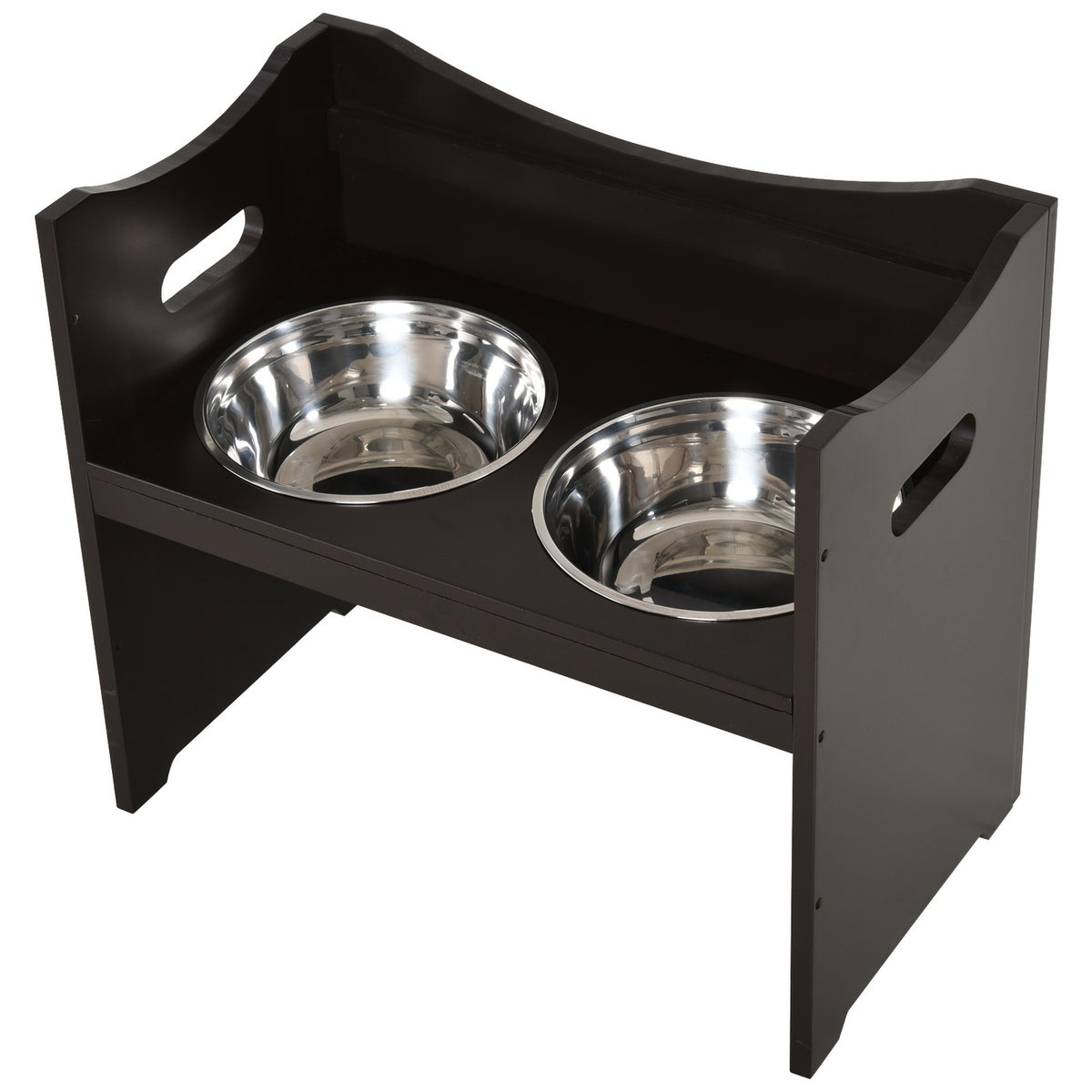 Height-Adjustable Dog Bowl, Feeding Station With Stainless Steel Bowl, For Dogs And Cats, Mdf, Dark Brown, 54X31.5X47Cm