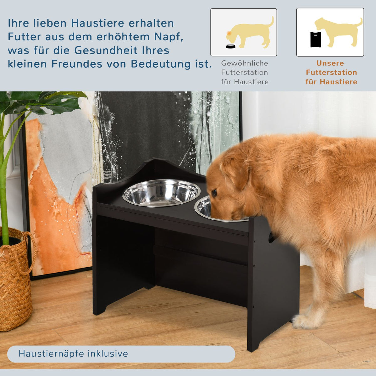 Height-Adjustable Dog Bowl, Feeding Station With Stainless Steel Bowl, For Dogs And Cats, Mdf, Dark Brown, 54X31.5X47Cm