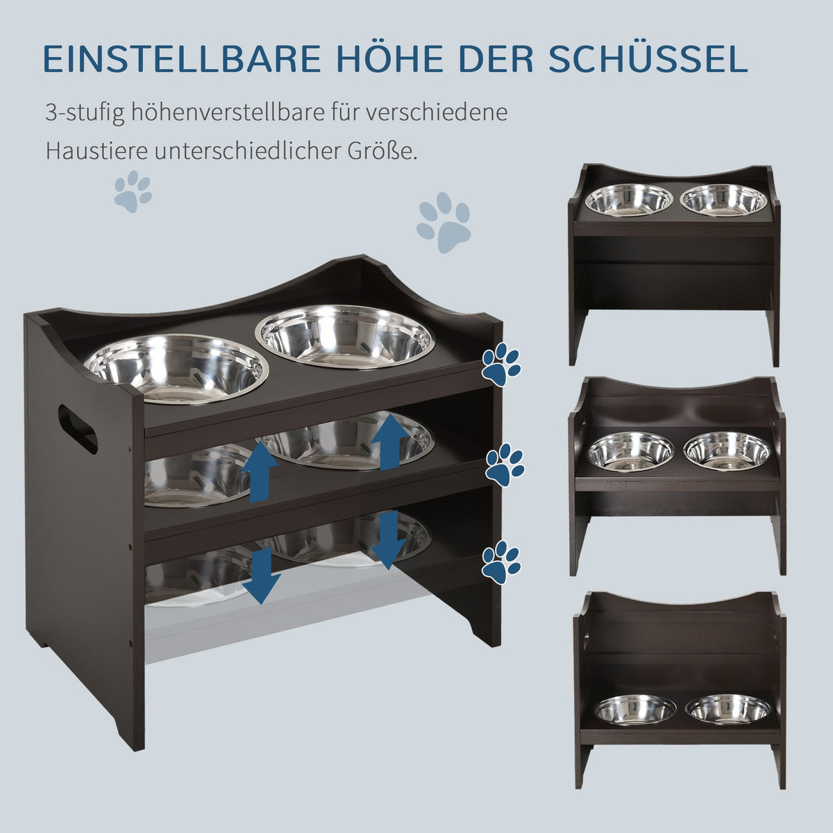Height-Adjustable Dog Bowl, Feeding Station With Stainless Steel Bowl, For Dogs And Cats, Mdf, Dark Brown, 54X31.5X47Cm