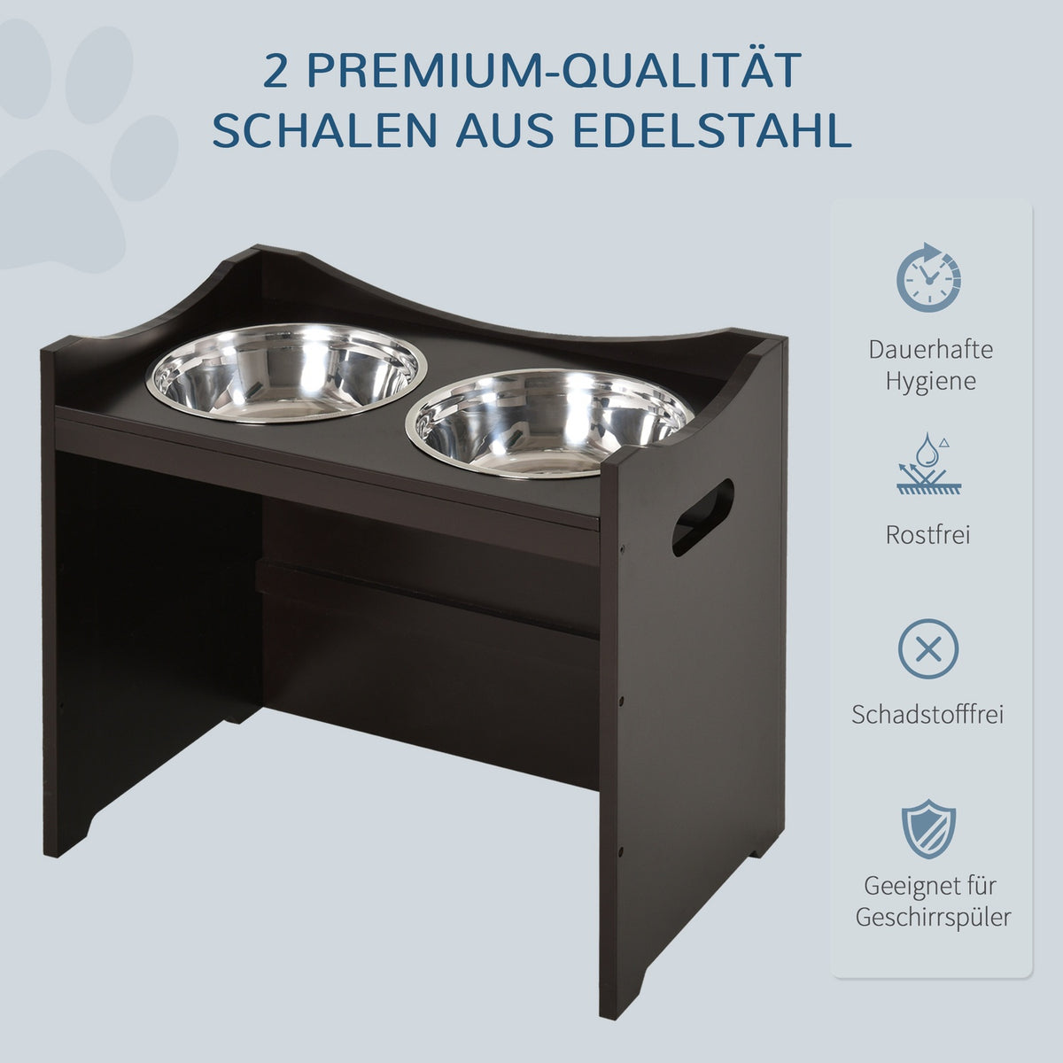 Height-Adjustable Dog Bowl, Feeding Station With Stainless Steel Bowl, For Dogs And Cats, Mdf, Dark Brown, 54X31.5X47Cm