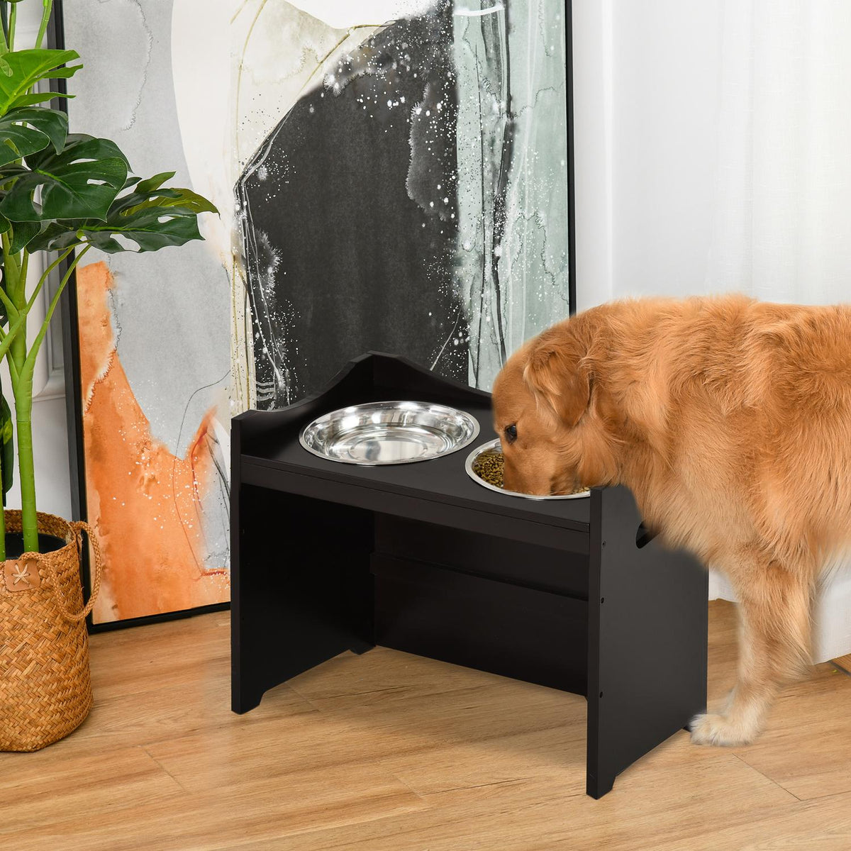 Height-Adjustable Dog Bowl, Feeding Station With Stainless Steel Bowl, For Dogs And Cats, Mdf, Dark Brown, 54X31.5X47Cm