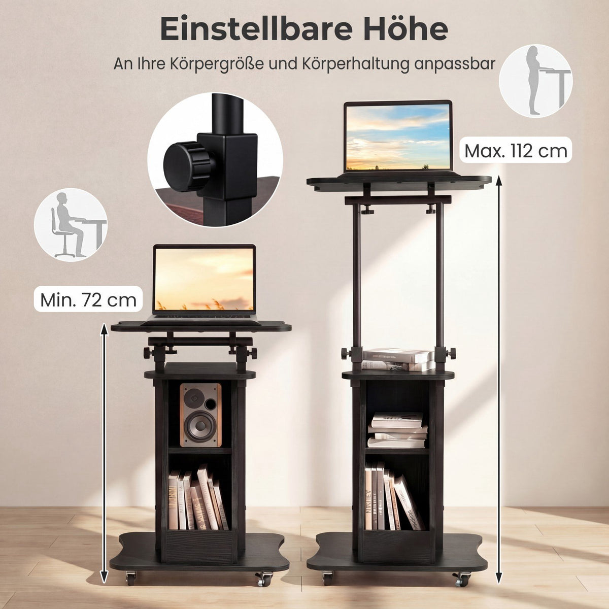 Height-Adjustable Mobile Lectern with Tilting Top, Black