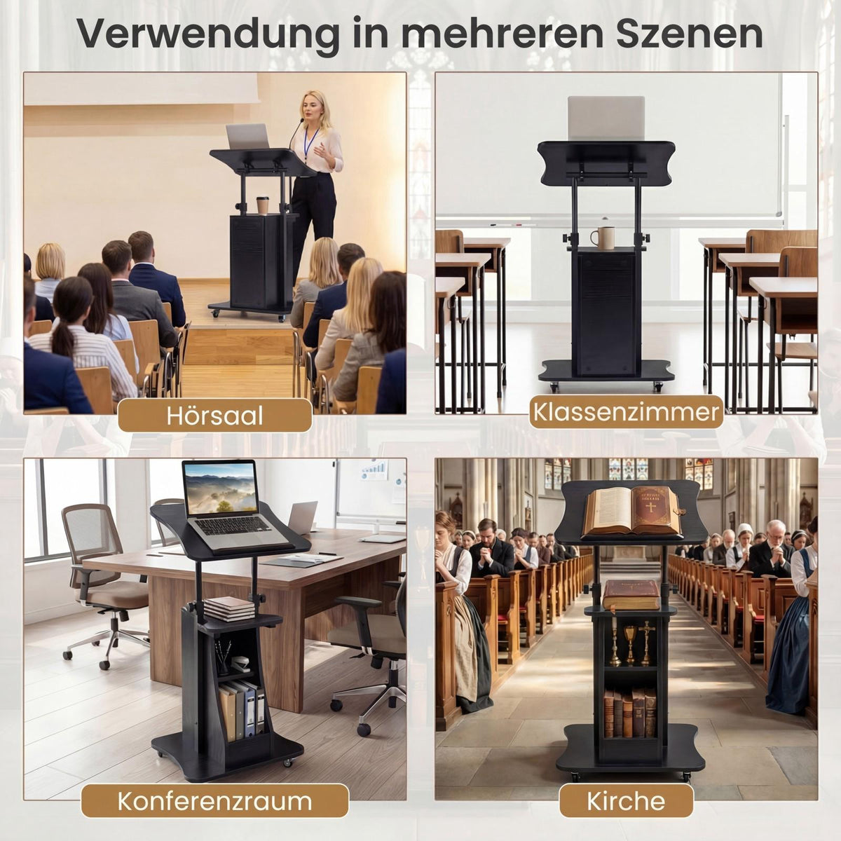 Height-Adjustable Mobile Lectern with Tilting Top, Black