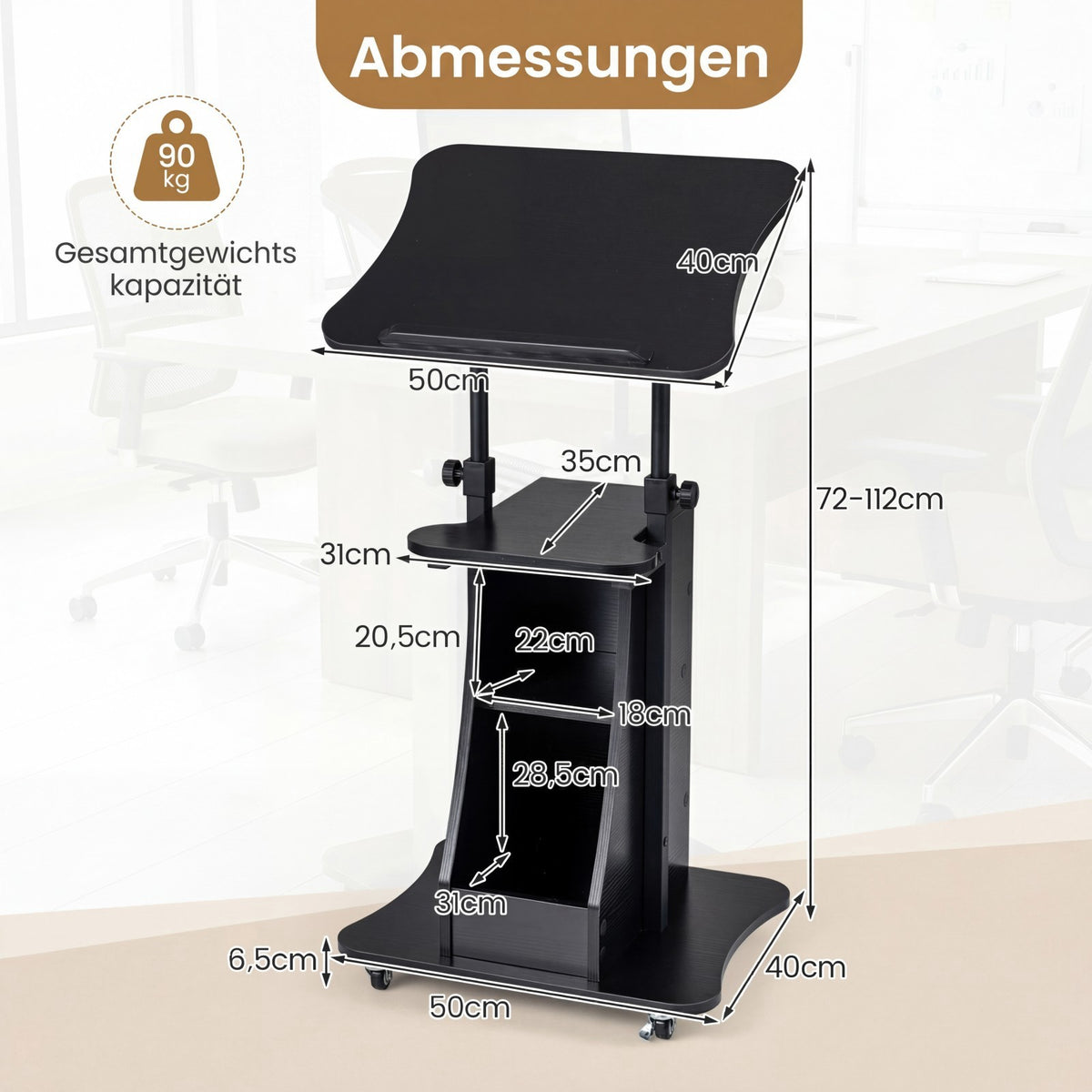 Height-Adjustable Mobile Lectern with Tilting Top, Black
