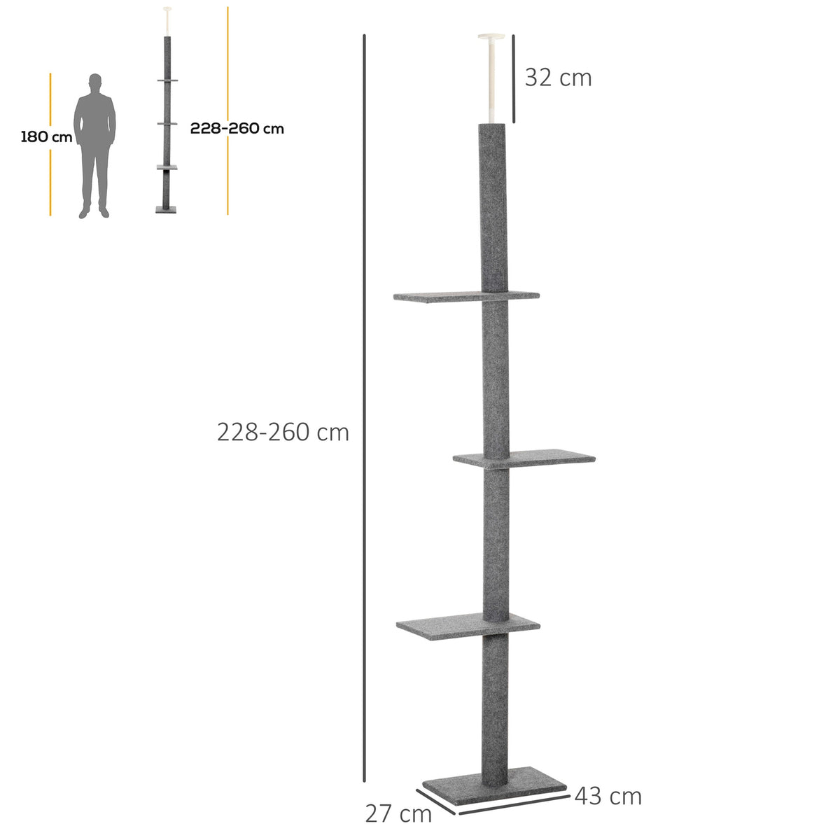 Height-Adjustable Scratching Post Climbing Tree For Cats, Play Tree, Gray, 43X27X228-260Cm