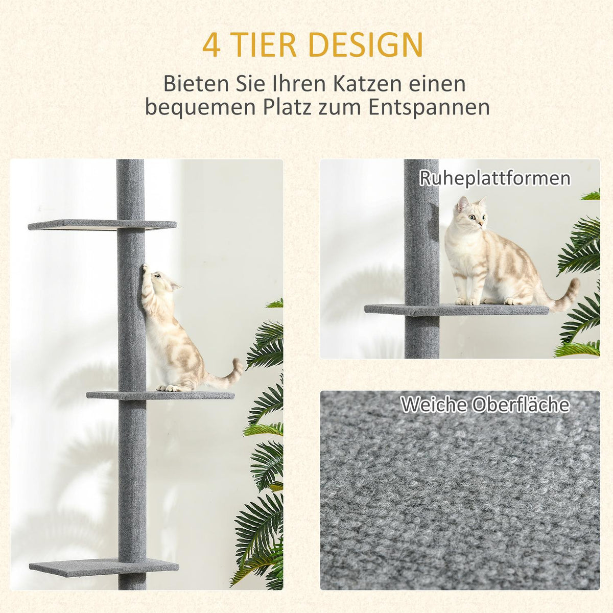 Height-Adjustable Scratching Post Climbing Tree For Cats, Play Tree, Gray, 43X27X228-260Cm