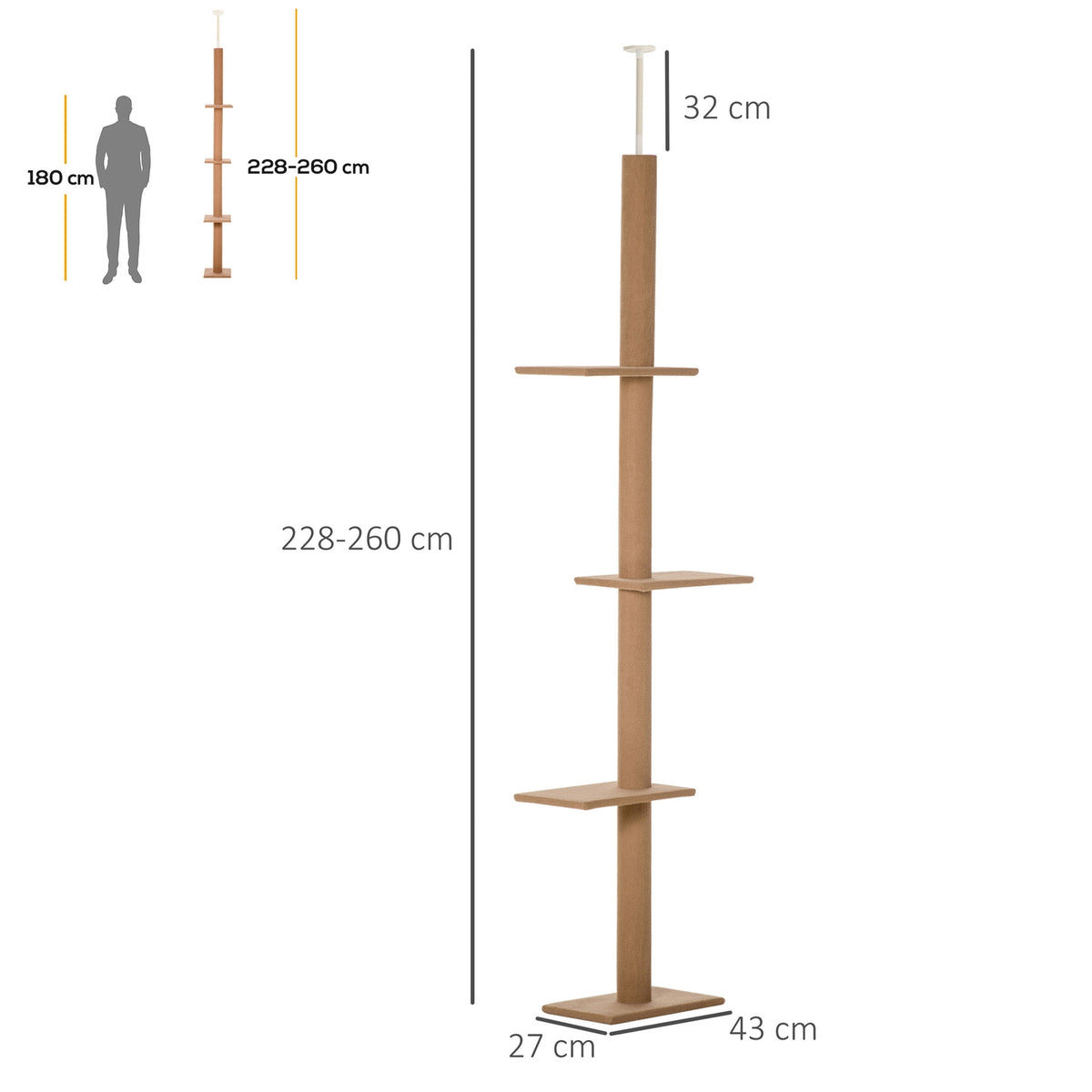 Height-Adjustable Scratching Post Climbing Tree For Cats, Play Tree, Light Brown, 43X27X228-260Cm