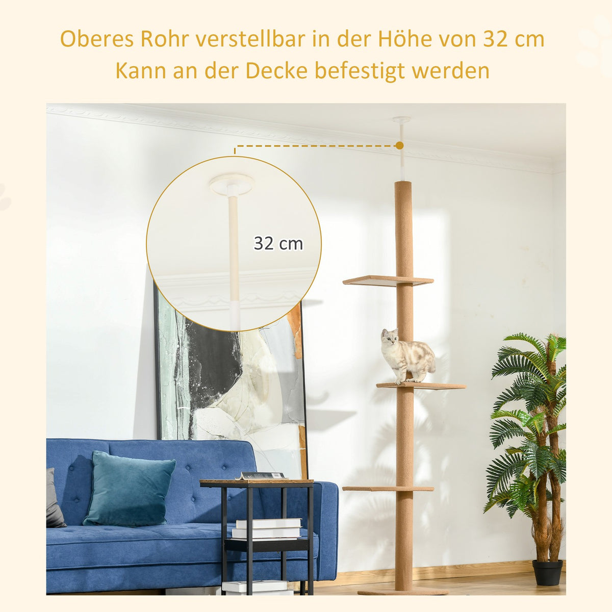 Height-Adjustable Scratching Post Climbing Tree For Cats, Play Tree, Light Brown, 43X27X228-260Cm