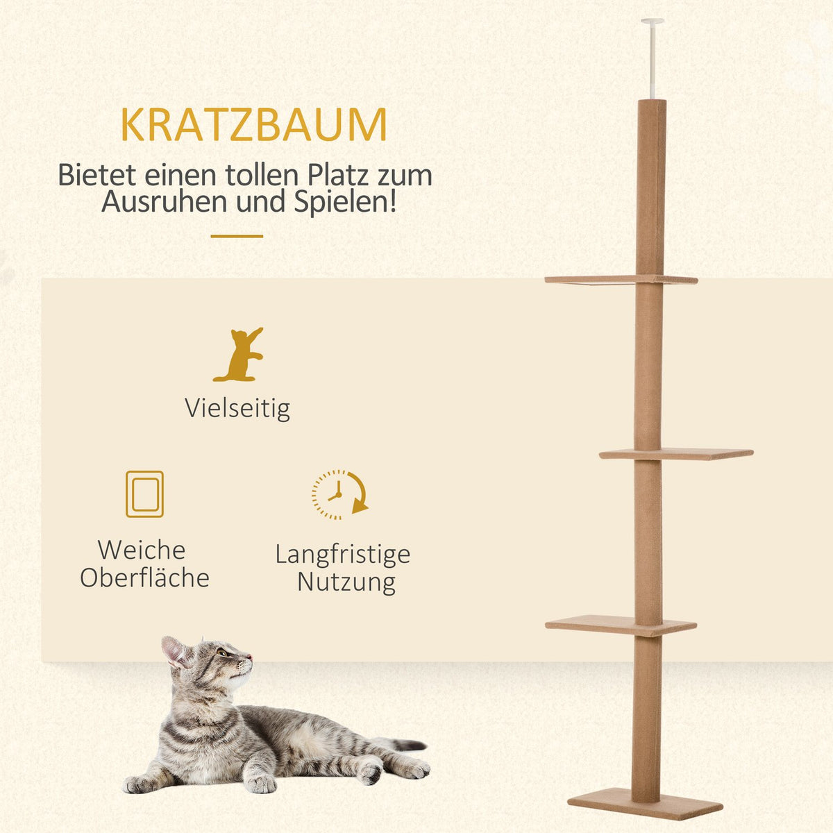 Height-Adjustable Scratching Post Climbing Tree For Cats, Play Tree, Light Brown, 43X27X228-260Cm