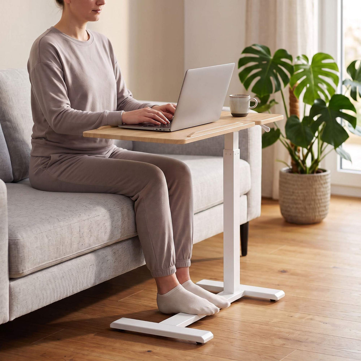 Height-Adjustable Standing Desk with Castors, Natural White