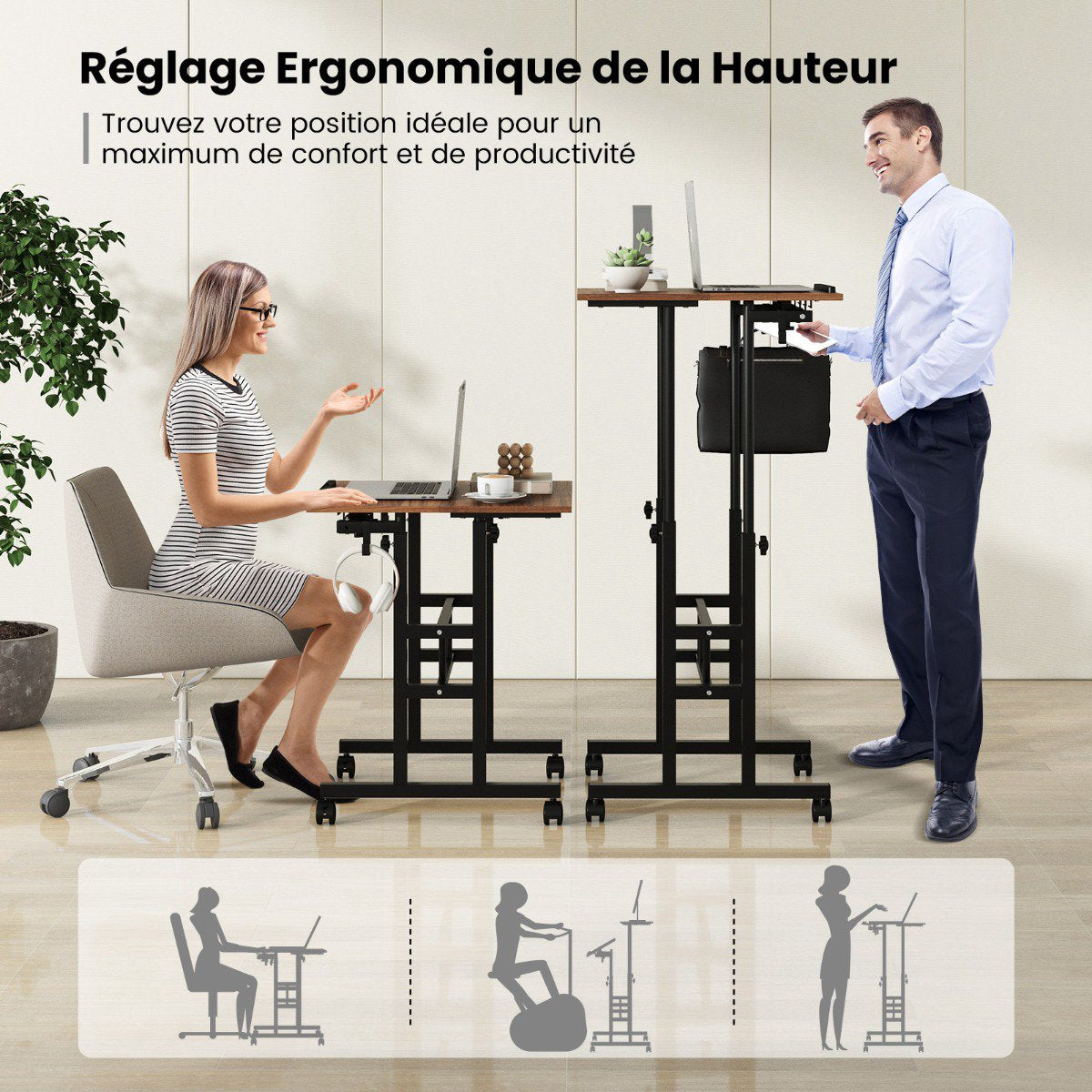 Height Adjustable Standing Desk with Wheels, Tilting Tray