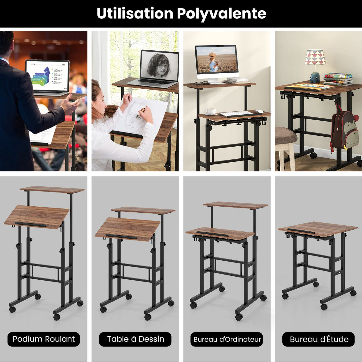 Height Adjustable Standing Desk with Wheels, Tilting Tray