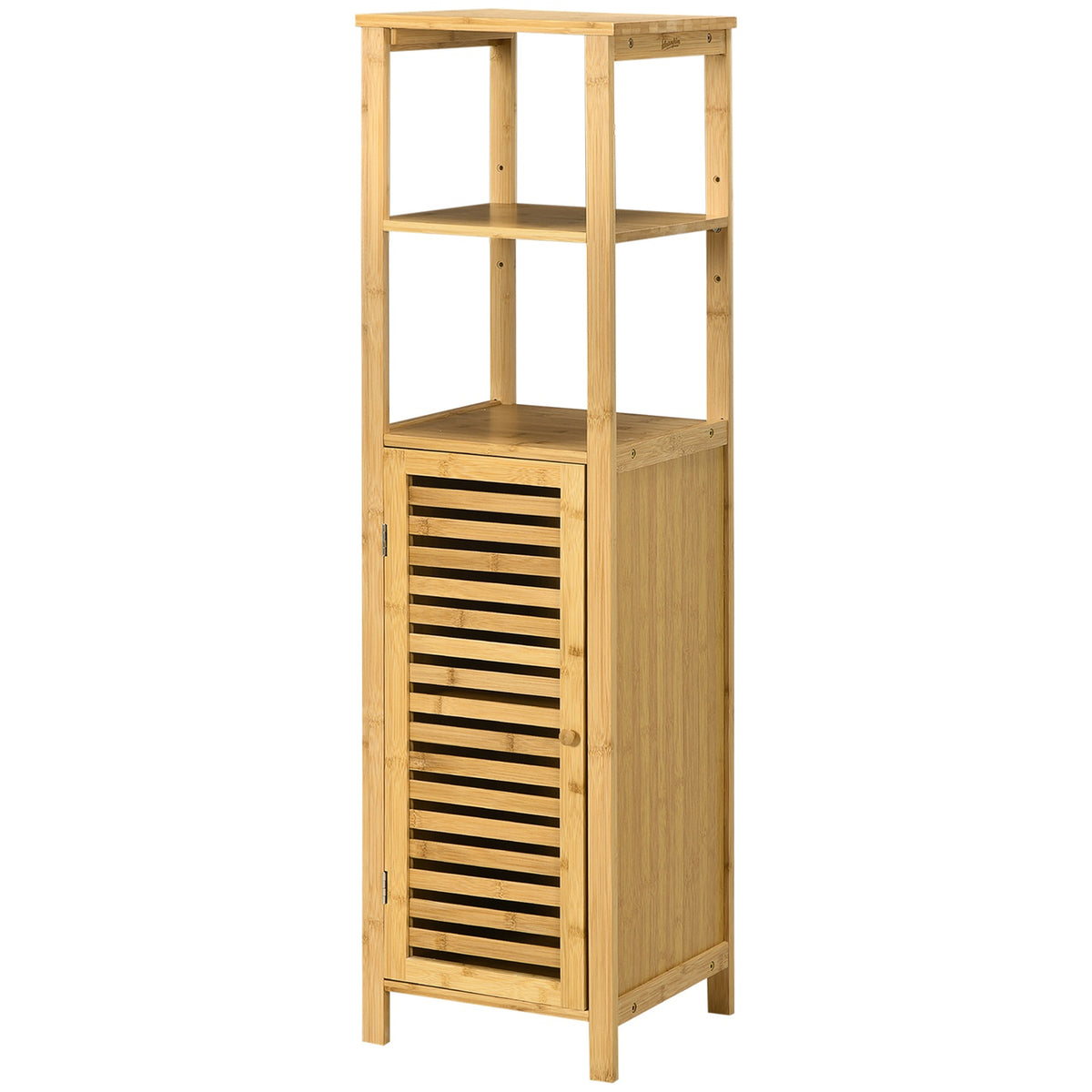 Height-adjustable bathroom cabinet, bathroom cabinet made of bamboo, bathroom furniture with cabinet, two open shelves, for bathroom, approx. 33 x 30 x 120 cm natural wood