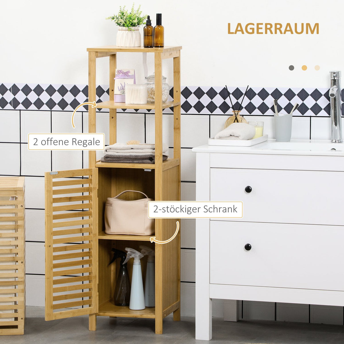 Height-adjustable bathroom cabinet, bathroom cabinet made of bamboo, bathroom furniture with cabinet, two open shelves, for bathroom, approx. 33 x 30 x 120 cm natural wood