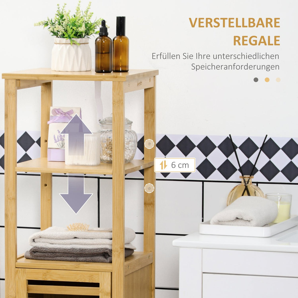 Height-adjustable bathroom cabinet, bathroom cabinet made of bamboo, bathroom furniture with cabinet, two open shelves, for bathroom, approx. 33 x 30 x 120 cm natural wood